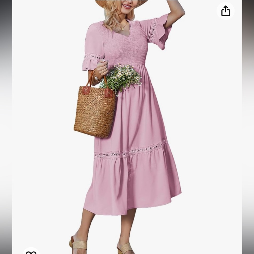 Women's Boho V Neck Short Flutter Sleeve Smocked Tiered Empire Waist Maxi Dress